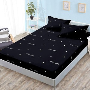Cearșaf cu Elastic, Bumbac Satinat, 180x200 cm + 2 Fețe de Pernă 50x70 cm, Negru, Gene Cearșaf cu Elastic, Bumbac Satinat, 180x200 cm + 2 Fețe de Pernă 50x70 cm, Negru, Gene