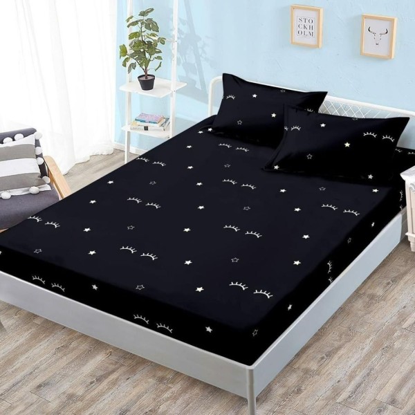Cearșaf cu Elastic, Bumbac Satinat, 180x200 cm + 2 Fețe de Pernă 50x70 cm, Negru, Gene [1]
