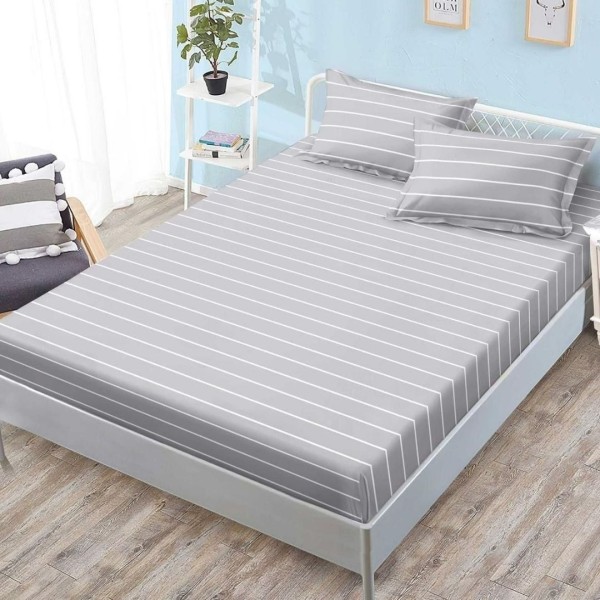 Cearșaf cu Elastic, Bumbac Satinat, 180x200 cm + 2 Fețe de Pernă 50x70 cm, Gri, Dungi [1]