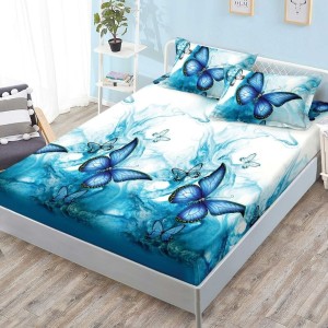 Cearsaf cu elastic, FINET, 180x200cm, 2 fete de perne 50x70cm, Albastru, Fluturi