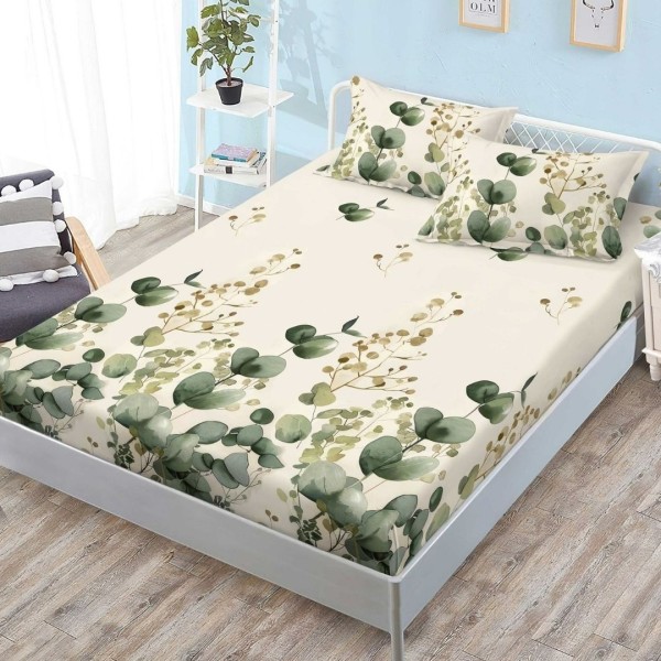 Cearsaf cu elastic, FINET, 180x200cm, 2 fete de perne 50x70cm, Crem, Verde, frunze [1]