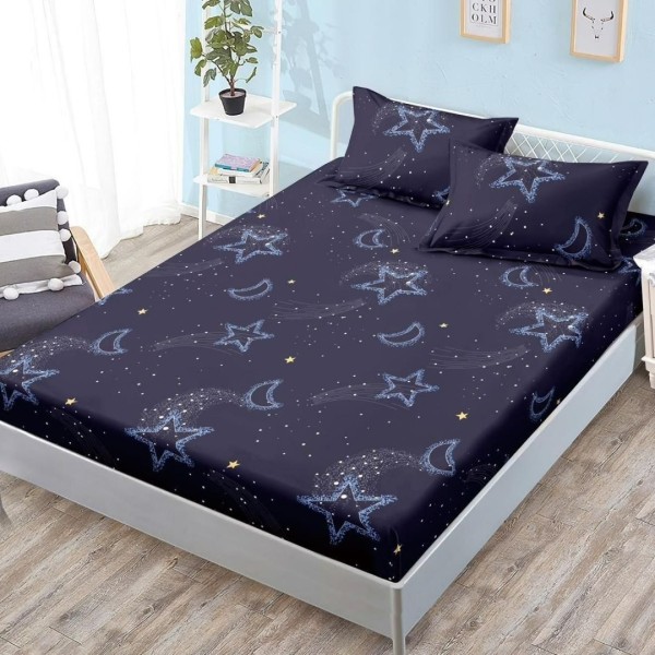 Cearșaf cu Elastic, Bumbac Satinat, 180x200 cm + 2 Fețe de Pernă 50x70 cm, Bleumarin, Stelute  [1]