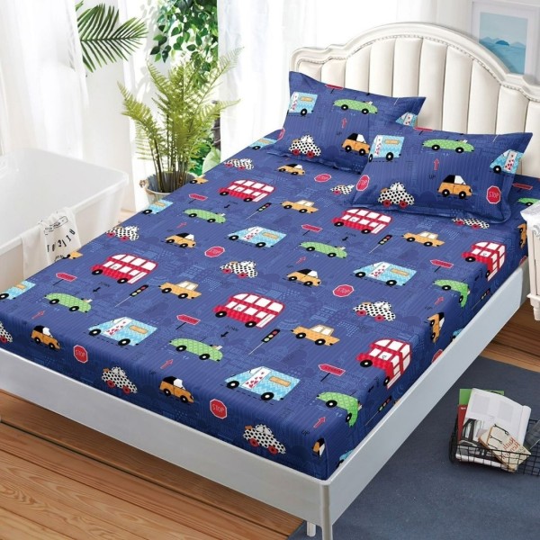 Cearșaf cu Elastic, Bumbac Satinat, 180x200 cm + 2 Fețe de Pernă 50x70 cm, Bleumarin, Masinute [1]