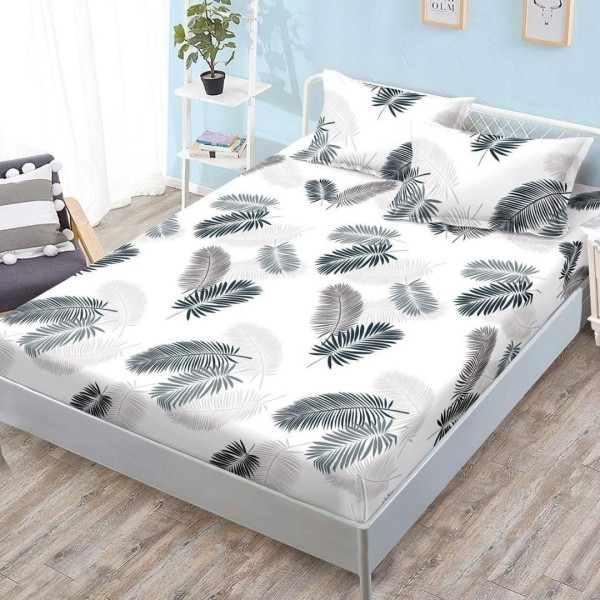 Cearșaf cu Elastic, Bumbac Satinat, 180x200 cm + 2 Fețe de Pernă 50x70 cm, Alb, Frunze [1]