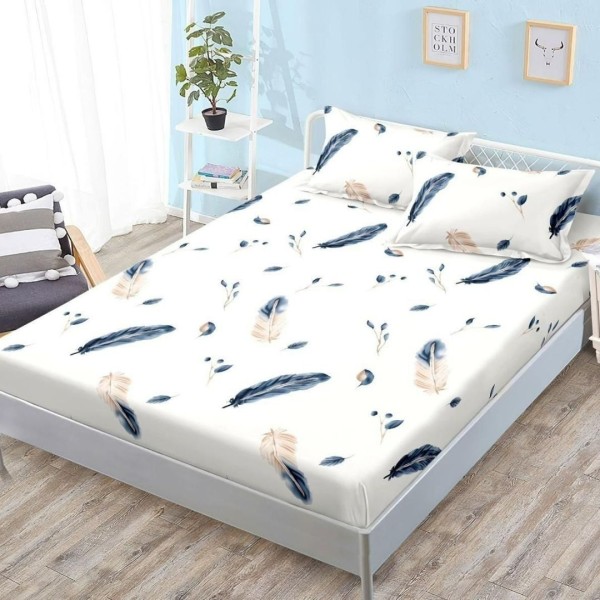 Cearșaf cu Elastic, Bumbac Satinat, 180x200 cm + 2 Fețe de Pernă 50x70 cm, Crem, Pene [1]