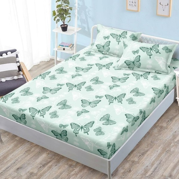 Cearșaf cu Elastic, Bumbac Satinat, 180x200 cm + 2 Fețe de Pernă 50x70 cm, Verde, Fluturi [1]