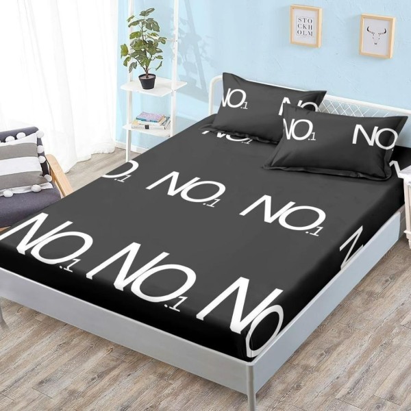 Cearșaf cu Elastic, Bumbac Satinat, 180x200 cm + 2 Fețe de Pernă 50x70 cm, Negru, No.1 [1]