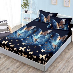 Cearșaf cu Elastic, Bumbac Satinat, 180x200 cm + 2 Fețe de Pernă 50x70 cm, Negru, Fluturi Cearșaf cu Elastic, Bumbac Satinat, 180x200 cm + 2 Fețe de Pernă 50x70 cm, Negru, Fluturi