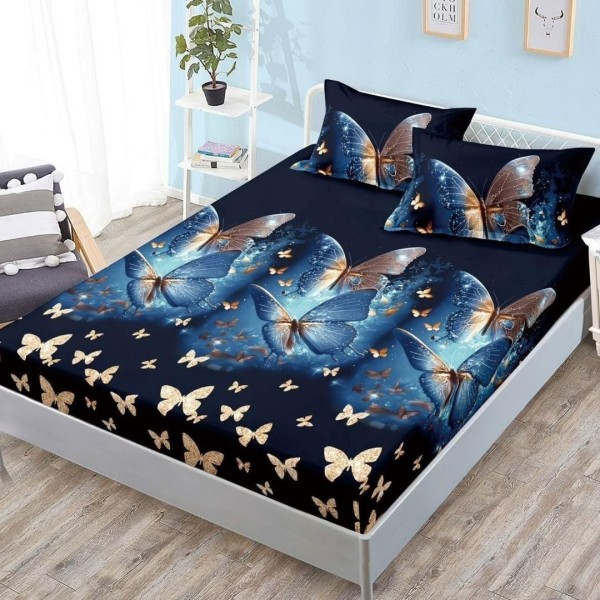 Cearșaf cu Elastic, Bumbac Satinat, 180x200 cm + 2 Fețe de Pernă 50x70 cm, Negru, Fluturi [1]