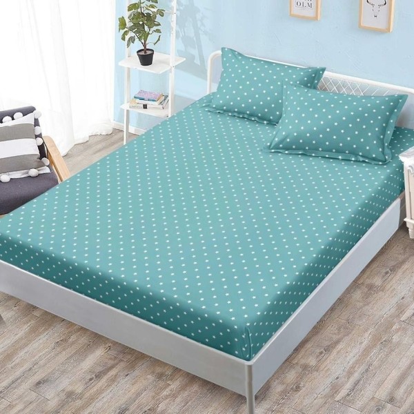 Cearșaf cu Elastic, Bumbac Satinat, 180x200 cm + 2 Fețe de Pernă 50x70 cm, Verde, Stelute [1]