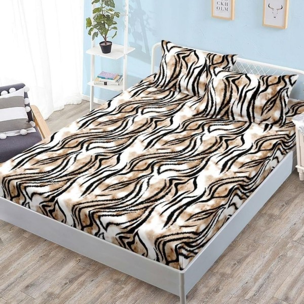 Cearșaf cu Elastic, Bumbac Satinat, 180x200 cm + 2 Fețe de Pernă 50x70 cm, Maro, Animal Print [1]