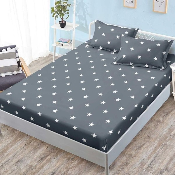 Cearșaf cu Elastic, Bumbac Satinat, 180x200 cm + 2 Fețe de Pernă 50x70 cm, Gri, Stelute [1]