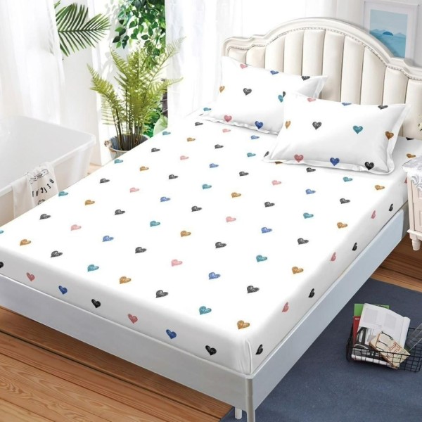 Cearșaf cu Elastic, Bumbac Satinat, 180x200 cm + 2 Fețe de Pernă 50x70 cm, Alb, Inimioare [1]