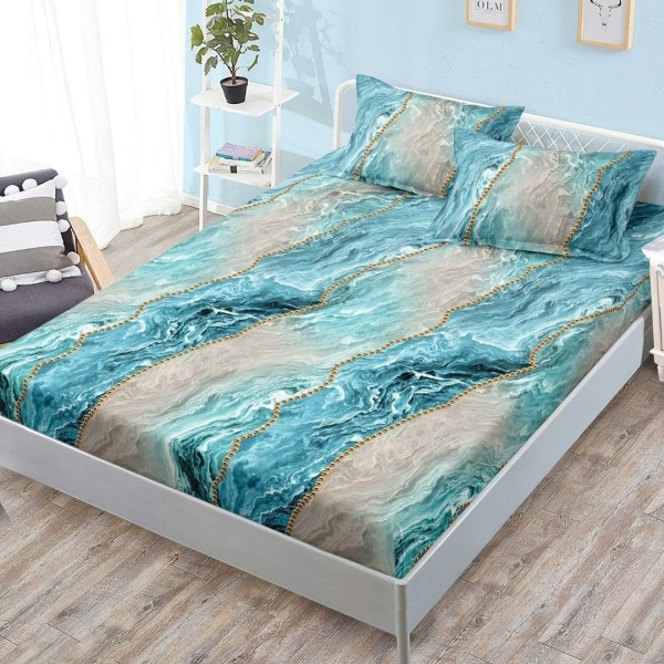 Cearsaf cu elastic, FINET, 180x200cm, 2 fete de perne 50x70cm, Gri, Turquoise, Marmura [1]