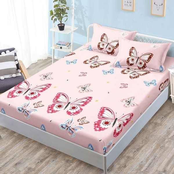 Cearșaf cu Elastic, Bumbac Satinat, 180x200 cm + 2 Fețe de Pernă 50x70 cm, Roz, Fluturi [1]