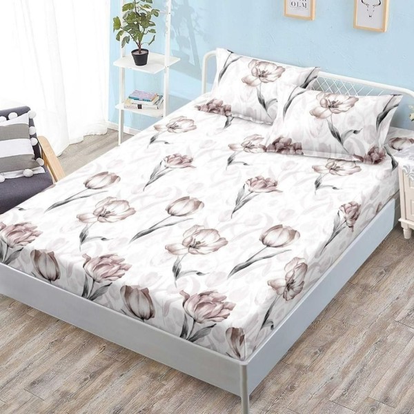 Cearșaf cu Elastic, Bumbac Satinat, 180x200 cm + 2 Fețe de Pernă 50x70 cm, Bej, Lalele [1]