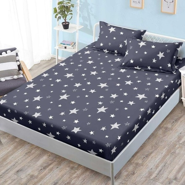Cearșaf cu Elastic, Bumbac Satinat, 180x200 cm + 2 Fețe de Pernă 50x70 cm, Bleumarin, Stelute [1]