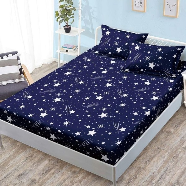 Cearșaf cu Elastic, Bumbac Satinat, 180x200 cm + 2 Fețe de Pernă 50x70 cm, Bleumarin, Ploaie de stele [1]