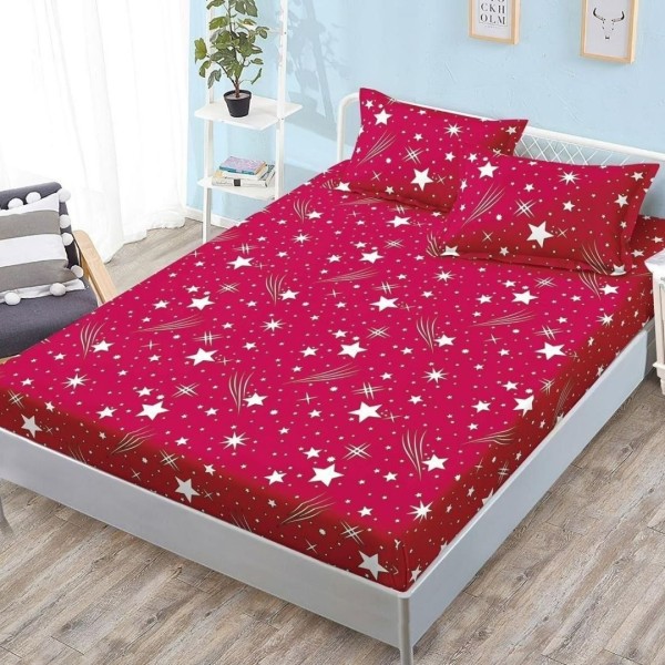 Cearșaf cu Elastic, Bumbac Satinat, 180x200 cm + 2 Fețe de Pernă 50x70 cm, Rosu, Ploaie de stele [1]