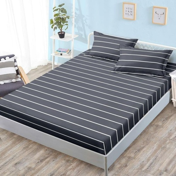 Cearșaf cu Elastic, Bumbac Satinat, 180x200 cm + 2 Fețe de Pernă 50x70 cm, Gri inchis, Dungi [1]