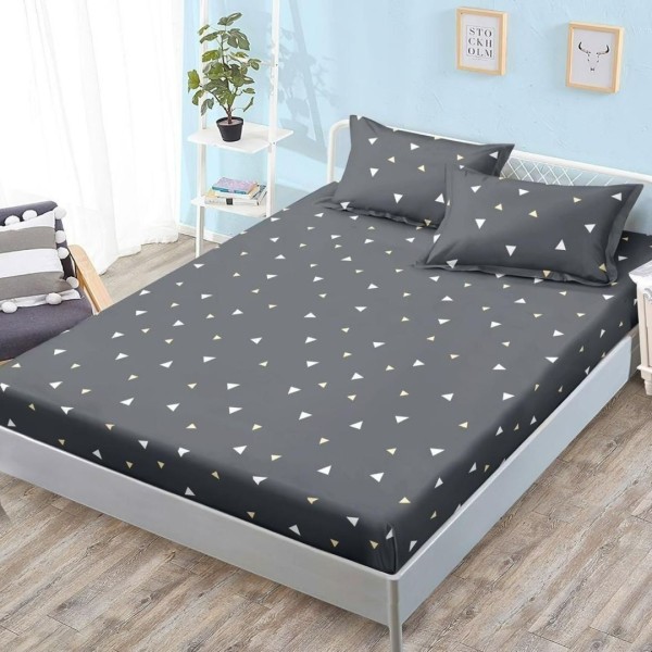 Cearșaf cu Elastic, Bumbac Satinat, 180x200 cm + 2 Fețe de Pernă 50x70 cm, Gri, Forme geometrice [1]
