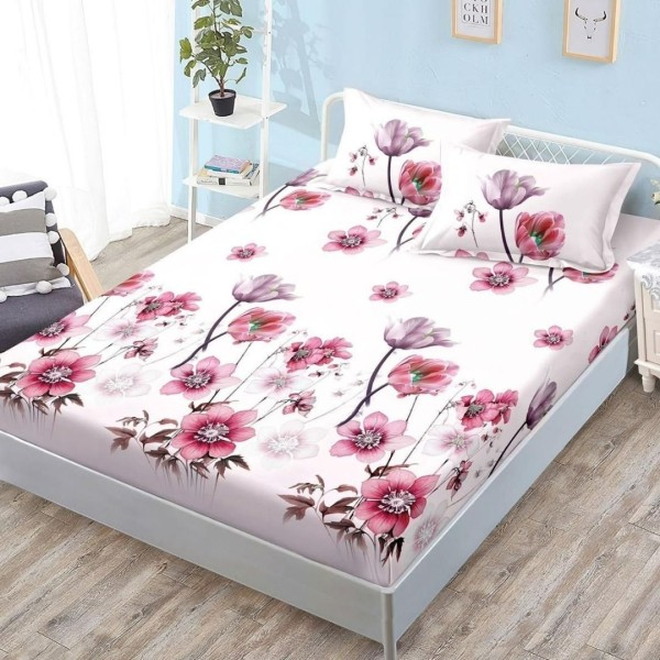 Cearșaf cu Elastic, Bumbac Satinat, 180x200 cm + 2 Fețe de Pernă 50x70 cm, Roz, Flori [1]