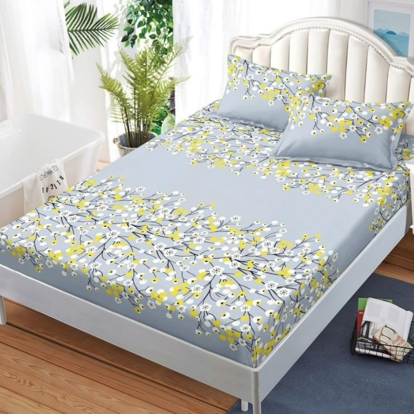 Cearșaf cu Elastic, Bumbac Satinat, 180x200 cm + 2 Fețe de Pernă 50x70 cm, Bleu, Crengute [1]