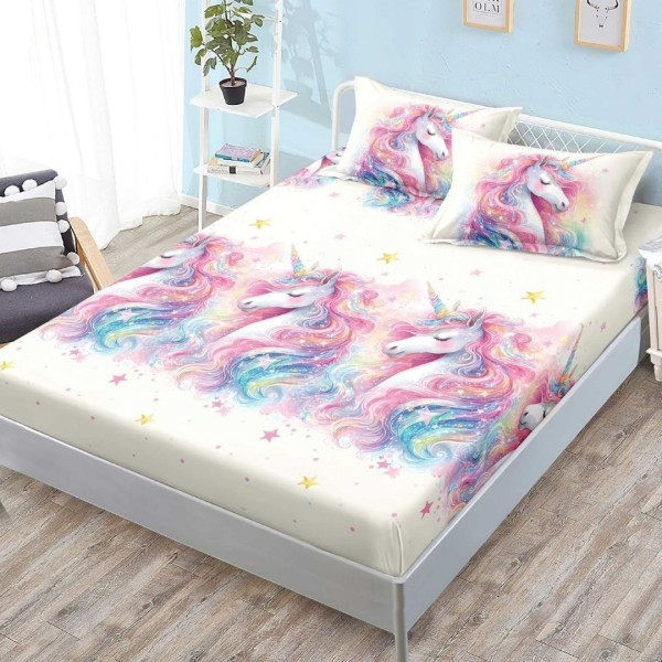 Cearsaf cu elastic, FINET, 180x200cm, 2 fete de perne 50x70cm, Roz, Unicorni [1]