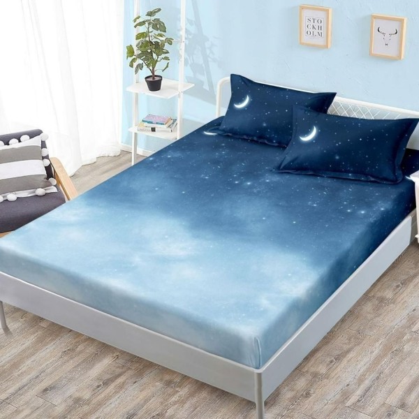 Cearșaf cu Elastic, Bumbac Satinat, 180x200 cm + 2 Fețe de Pernă 50x70 cm, Albastru degrade, Stelute [1]