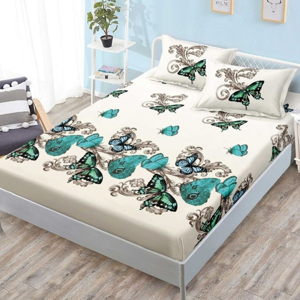 Cearsaf cu elastic, FINET, 180x200cm, 2 fete de perne 50x70cm, Crem, Verde, Fluturi [1]