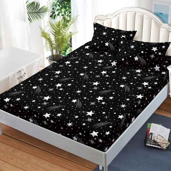 Cearșaf cu Elastic, Bumbac Satinat, 180x200 cm + 2 Fețe de Pernă 50x70 cm, Negru, Ploaie de stele  [1]
