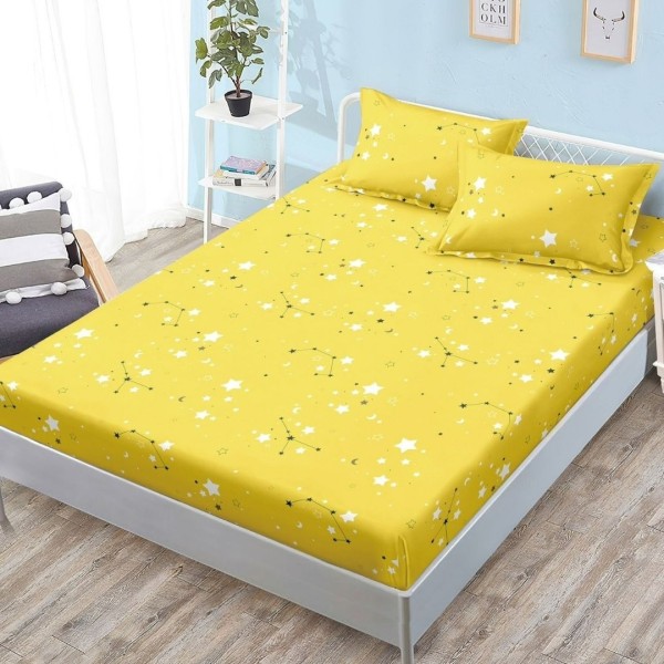 Cearșaf cu Elastic, Bumbac Satinat, 180x200 cm + 2 Fețe de Pernă 50x70 cm, Galben, Stelute [1]
