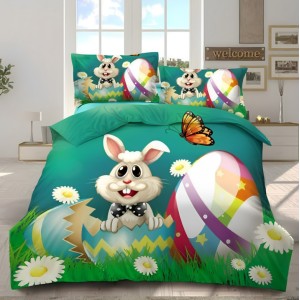 Lenjerie de Pat Dublu,  Finet, Imprimeu Digital cu Iepuras si Oua, IDENTIC CU POZA, 4 Piese, Verde 