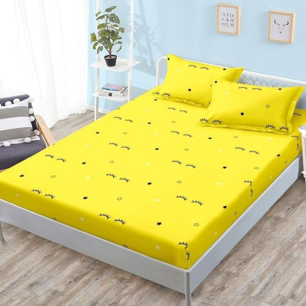 Cearșaf cu Elastic, Bumbac Satinat, 180x200 cm + 2 Fețe de Pernă 50x70 cm, Galben, Gene [1]