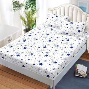 Cearșaf cu Elastic, Bumbac Satinat, 180x200 cm + 2 Fețe de Pernă 50x70 cm, Alb, Ploaie de stele