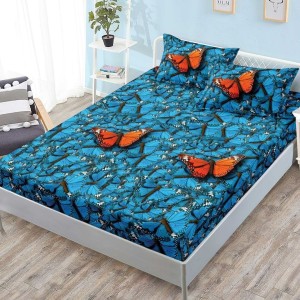 Cearsaf cu elastic, FINET, 180x200cm, 2 fete de perne 50x70cm, Albastru, Fluturi