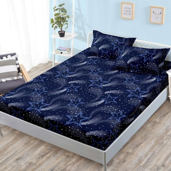 Cearșaf cu Elastic, Bumbac Satinat, 180x200 cm + 2 Fețe de Pernă 50x70 cm, Bleumarin, Stelute [1]