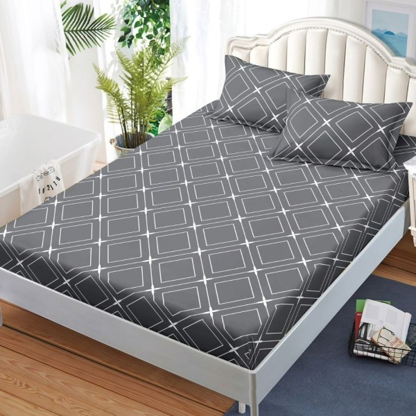 Cearșaf cu Elastic, Bumbac Satinat, 180x200 cm + 2 Fețe de Pernă 50x70 cm, Gri, Romburi [1]