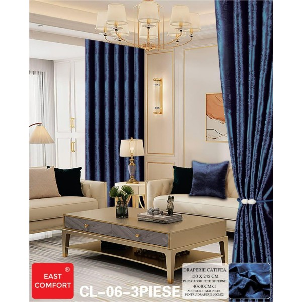Draperie cu inele încastrate,150x245cm, cu Șnur Magnetic și Față de Pernă Decorativă 40x40, Albastru [1]