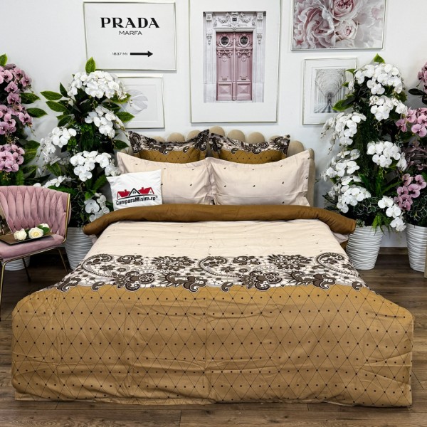 Lenjerie pat dublu,  FINET, cu elastic, 6 piese, Bej, Maro , Flori [1]