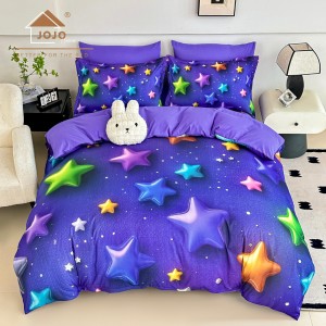 Lenjerie pat dublu, FINET, Imprimeu Digital 5D - Identic cu poza, Cu ELASTIC, 6 piese, Jojo Home, Mov, Stelute