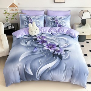 Lenjerie pat dublu, FINET, Imprimeu Digital 5D - Identic cu poza, Cu ELASTIC, 6 piese, Jojo Home, Lila, Crini