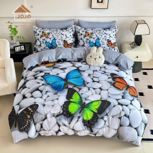 Lenjerie pat dublu, FINET, Imprimeu Digital 5D - Identic cu poza, Cu ELASTIC, 6 piese, Jojo Home, Gri, Fluturi pe Pietre