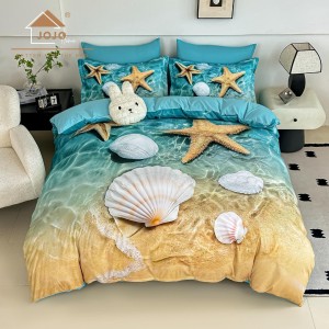Lenjerie pat dublu, FINET, Imprimeu Digital 5D - Identic cu poza, Cu ELASTIC, 6 piese, Jojo Home, Bleu, Ocean, Stea de Mare