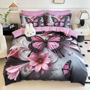 Lenjerie pat dublu, FINET, Imprimeu Digital 5D - Identic cu poza, Cu ELASTIC, 6 piese, Jojo Home, Roz, Gri, Fluturi, Flori