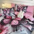 Lenjerie pat dublu, FINET, Imprimeu Digital 5D - Identic cu poza, Cu ELASTIC, 6 piese, Jojo Home, Roz, Gri, Fluturi, Flori [3]