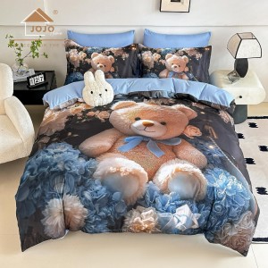 Lenjerie pat dublu, FINET, Imprimeu Digital 5D - Identic cu poza, Cu ELASTIC, 6 piese, Jojo Home, Albastru, Ursulet
