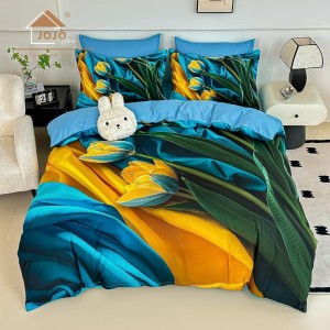 Lenjerie pat dublu, FINET, Imprimeu Digital 5D - Identic cu poza, Cu ELASTIC, 6 piese, Jojo Home, Turquoise, Galben, Verde, Lalele