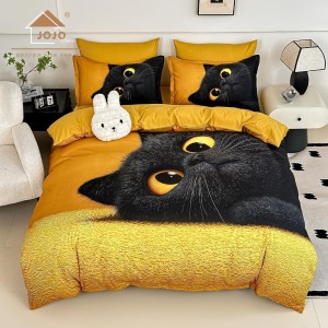 Lenjerie pat dublu, FINET, Imprimeu Digital 5D - Identic cu poza, Cu ELASTIC, 6 piese, Jojo Home, Galben, Negru, Pisica