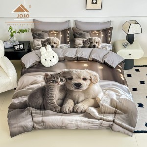 Lenjerie pat dublu, FINET, Imprimeu Digital 5D - Identic cu poza, Cu ELASTIC, 6 piese, Jojo Home, Gri, Catel si Pisica